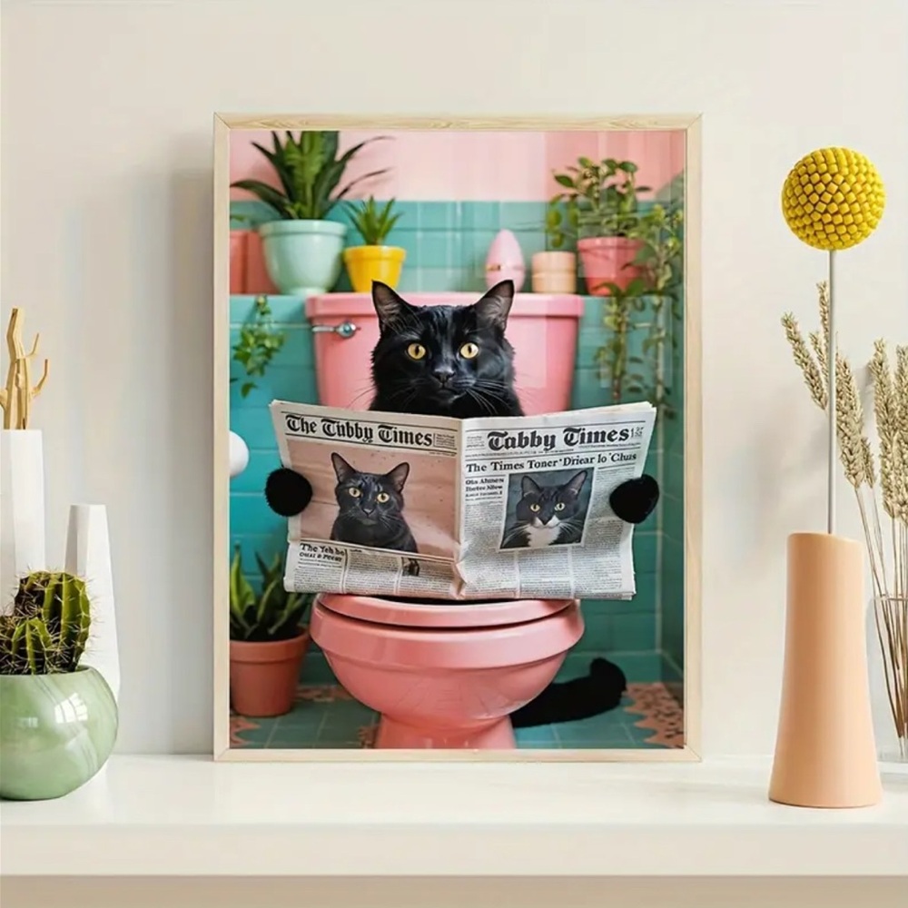 New Black Cat Bathroom Canvas Wall Art 12”x16” Unframed - Picture 3 of 5
